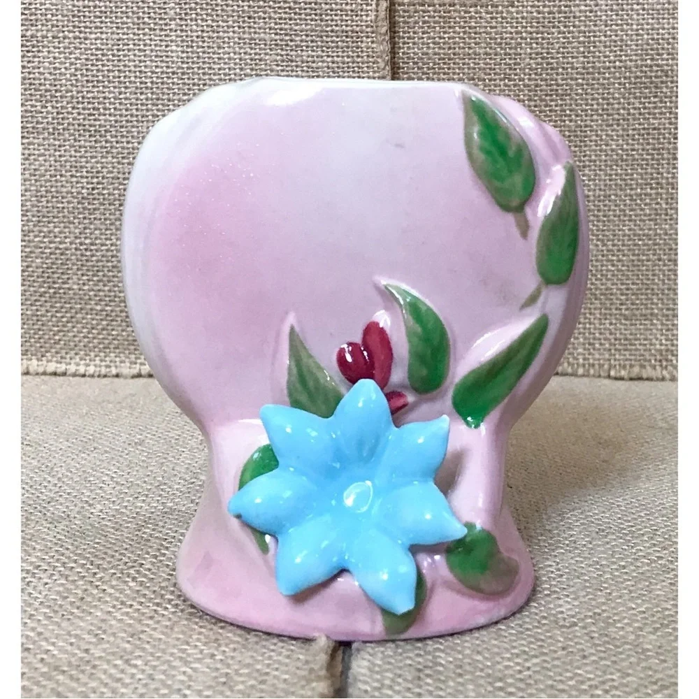 Vintage OPCO Pottery Pink Vase w Blue Applied Flower Granny Cottage Core Romance